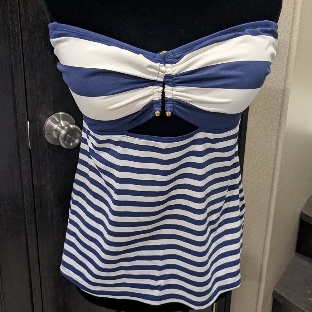 Lauren Ralph Lauren Blue & White Nautical Striped Bandeau Swim Top XL